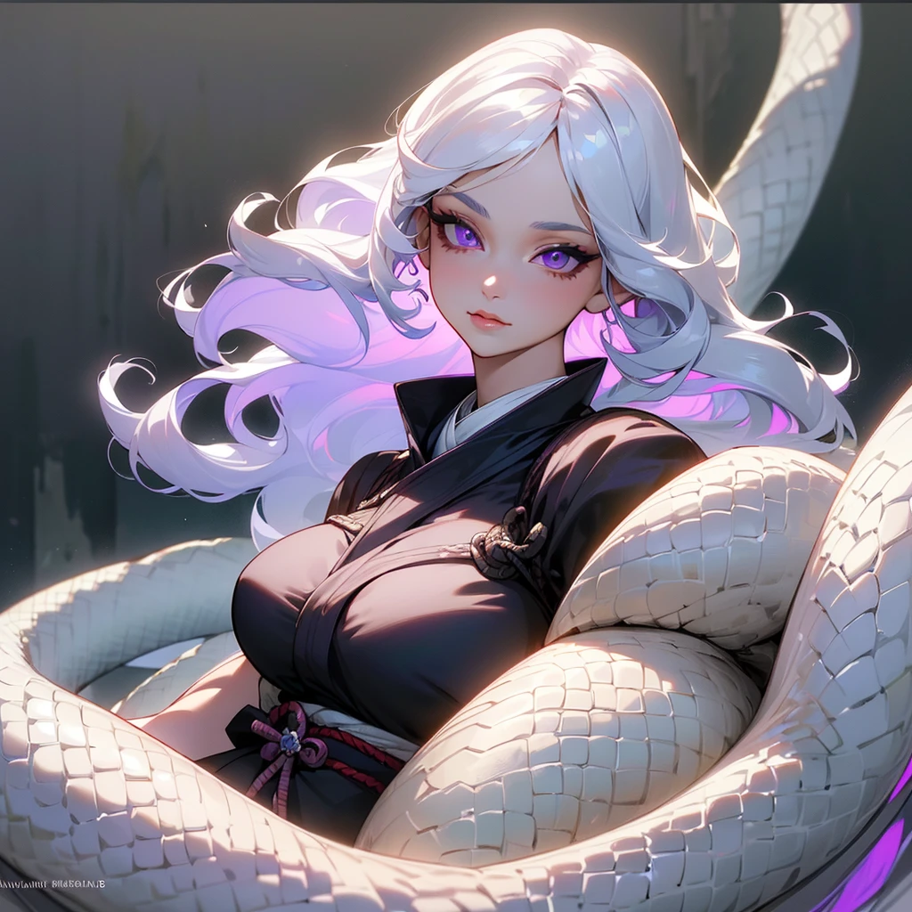 ((ultra quality)), ((masterpiece)), ((Samurai)), ((sensual)), ((Angelic beauty woman)), ((long white curly hair)), ((White hair)), ((White hair)), ((curly hair)), (beautiful face), (beautiful female lips), Enchanting ((Seductive facial expression)), looks at the camera with a slight smile, (White skin color), (White skin), glow on the body, ((detailed eyes)), ((Next to a large white snake)), ((violet eyes)), (juicy female lips), (dark eyeliner), (beautiful female hands), ((thick body)), ideal female body, ((Year 1920)), beautiful waist, beautiful big hips, big breasts, thick thighs, ((threatening and beautiful)) (), ((depth of field)), ((high quality clear image)), (delete details), ((High detail)), ((clear focus))