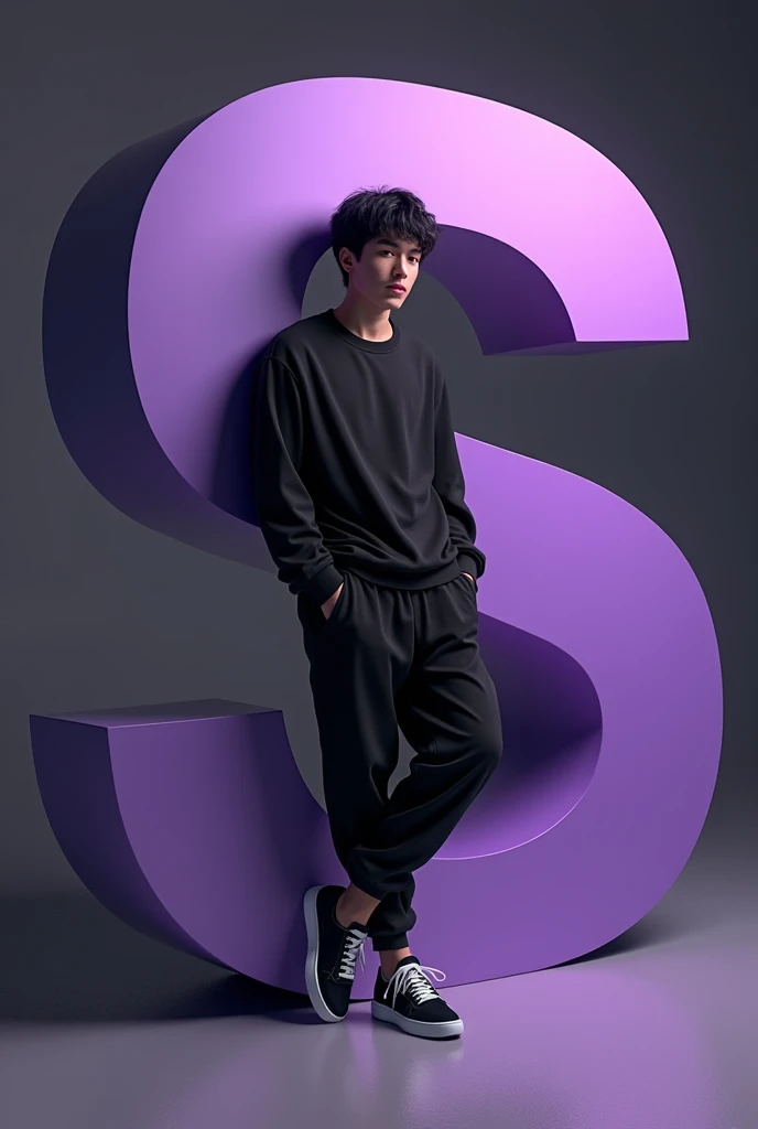 Command : S 20 year old with dark hair, dressed in a casual outfit including a black sweatshirt, jogger pants, and sneakers. The person is leaning against a large purple glossy letter 'S', which is Rad with white accents. The overall color scheme is minimalistic, focusing on shades of black and grey. The scene has a modern and clean aesthetic, with soft darks and subtle shadows.