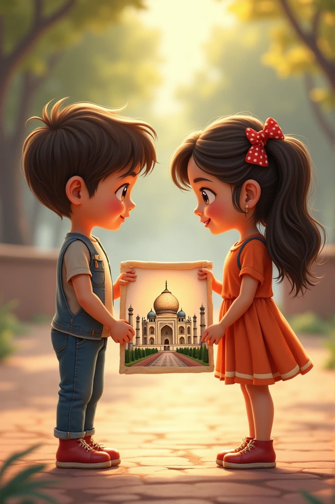 A boy giving a drawing of taj mahal to a girl.