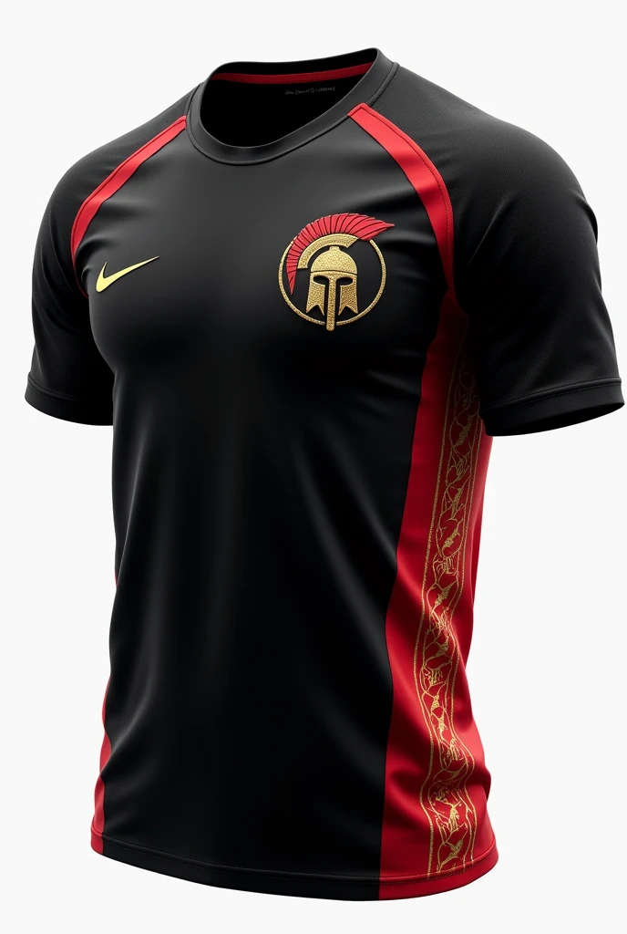 Men&#39;s black volleyball shirt with a red side ribbon with gold details with a small emblem on the left side of the chest of a sword and a spatanos helmet
