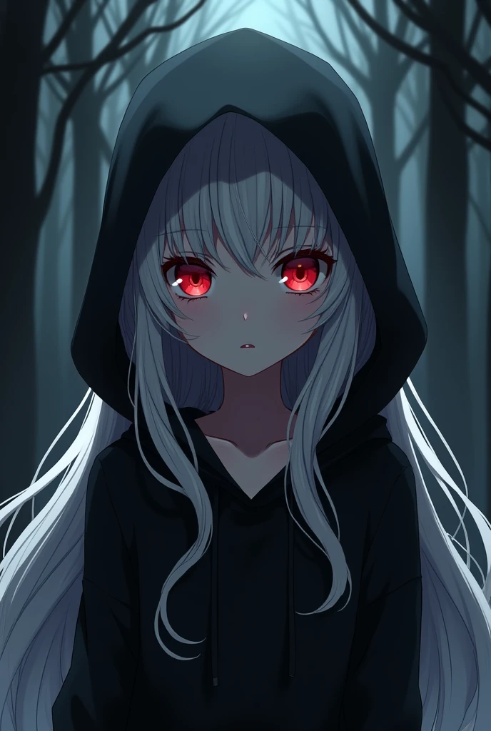 Anime girl with long white hair and red eyes wearing a black hoodie looking scary and horror