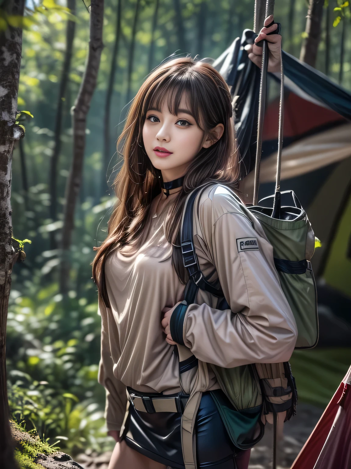 Very beautiful woman, Highly detailed eyes, Highly detailed face, Sexy and highly detailed lips, Super detailed everything, Attractive woman, Black choker, blue eyes, Very long eyelashes, bangs, Big Breasts, , Highest quality, masterpiece, ((Slim face)), Japanese actress, servant, ((High nose)), ((Mountaineering wear、Hunter Equipment), Happy atmosphere, , ((forest, Deep in the mountains)), mini skirt, ((camp、tent))，During meals