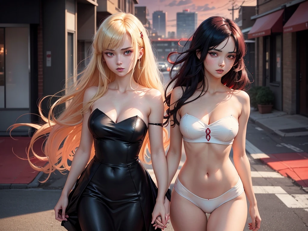 A captivating anime illustration of two stylish college-aged yandere women. The first woman has long, black hair that falls gracefully past her shoulders, adorned with a black and red hair clip. She is naked . Her eyes are a piercing red, showcasing her intense emotions. The second woman has shoulder-length blonde hair with a side fringe, styled with a red bow. She is naked too . Like her companion, her eyes are also a striking red hue. The background is cinematic, with a vibrant cityscape and a deep purple sky, emphasizing the dramatic and intense atmosphere of the scene., cinematic, illustration, anime