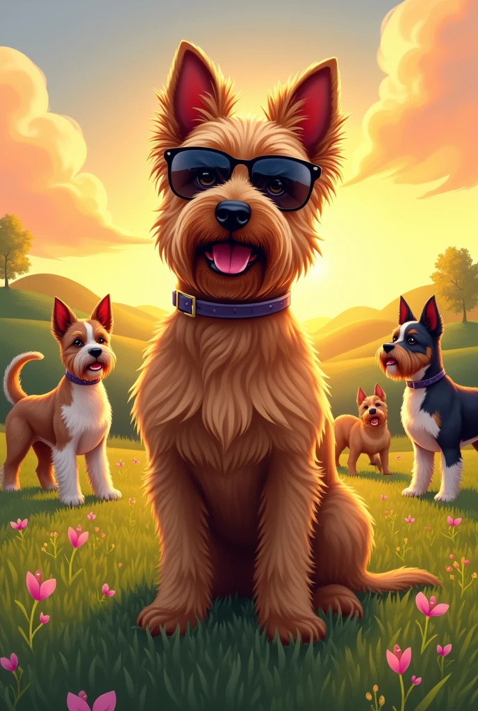 Silky terrier with correct color drawing drawn with sunglasses who is at a dog show with other silky terriers on a beautiful summer meadow at sunset