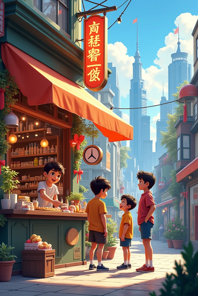 Shop of two boy and one girl in city