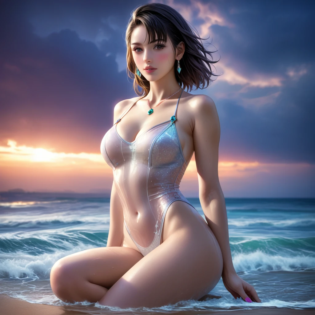 score_9, score_8_superior, score_7_superior, High resolution 3D anime style,A masterpiece in 32K resolution,Highest quality,it is really amazing,Very detailed,Ultra-high resolution,Ultra-realistic,Realistic,Increased depth of field,Cinematic lighting,
Sexy mature Japan woman,
black straight medium hair,Ultra-detailed and beautiful face,Calm expression,Translucent white skin,Realistic skin texture,Great proportions,
Sexy high leg dress swimsuit,
Luxurious design,Chic color patterns,Beautifully detailed decoration,Detailed fabric texture,
Gorgeous necklace,Earrings,
Dark skies before the storm,Dark clouds covering the dark sky,Thunderclouds rolling in,Coastline at night,Stormy seas,delay々A desolate sandy beach that continues,
Full body photo,Dramatic Angle,