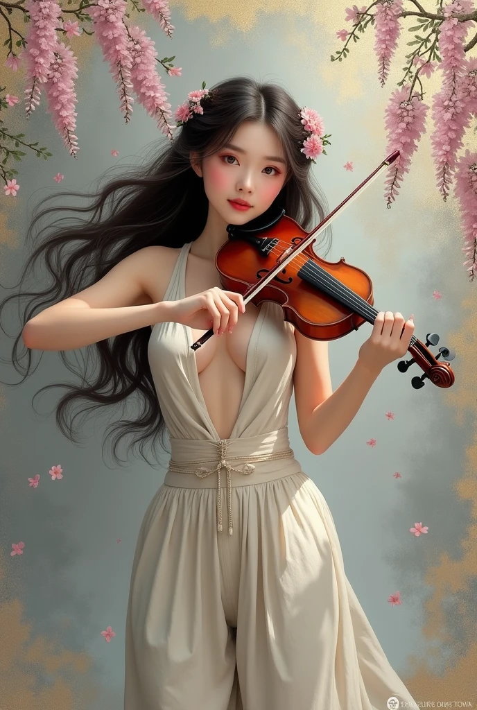 (photorealism:1.2), abstract light and shiny, gold and ink painting, full body view, long flowering curly hair adorned with flowers, Chinese beauty, halter top, large oversized linen pant, playing traditional Chinese string instrument, looking at viewer, Chinese kintsugi patterns, minimalist, under the wisteria flowers, abstract silver-Gray and gold painting as background, gold kintsugi and splash effects, realistic textures.