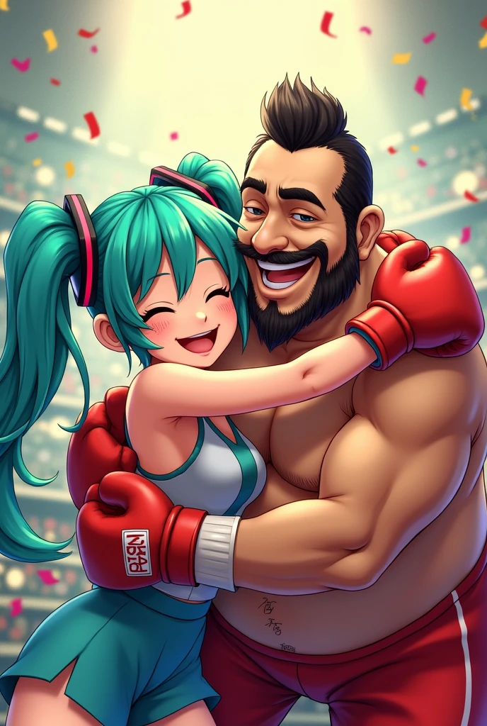 Hatsune miku from Vocaloid hugging Don Ramón from Chavo del 8 celebrating her boxing championship victory