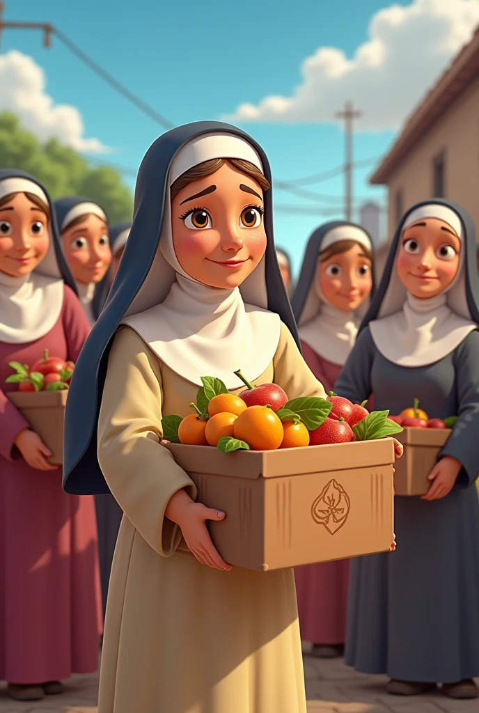 : Mother Clarita and the sisters deliver food and clothing to people in need in the community, with grateful faces around them. animated style