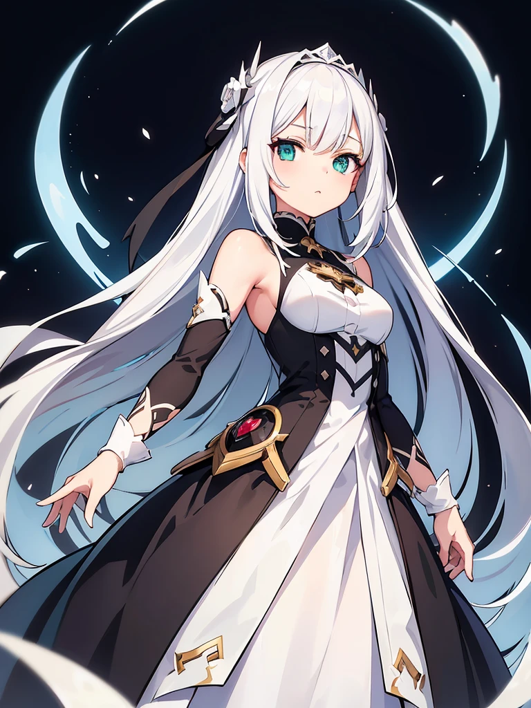 masterpiece, super fine illustration, extremely detailed, 1girl, flat background, full body, standing, extremely detailed face and eyes,Anime character with long white hair and black dress, deity with white hair, from arc knights, cute anime waifu in nice dress, white hair, in dress, artstation trending on pixiv, from girls front line, white hair, official character art, perfect girl with white hair, lady with white hair,(shining sharp emerald eyes), dress is sleeveless,(perfect hands)