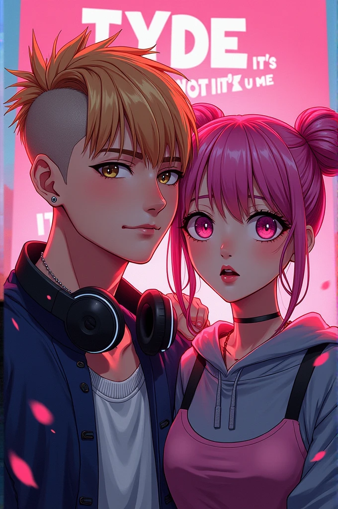 A layer of "IT'S NOT U IT'S ME" presents DJ Tyde West American male, hair blonde, bangs with shaved sides and friendly face, jacket and headphones, and Japanese singer Sakura Rina with pink hair in space buns. The vibrant and dynamic background