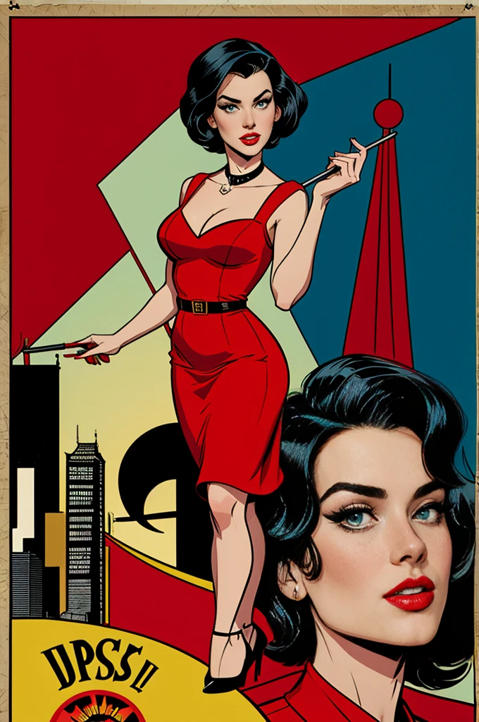 (Masterpiece, Best Quality), 8k Wallpaper, highly detailed, poster, vintage spy film, 1960s, sexy female rental killer, short black hair, (short Hair ) cinematic movie poster, Bauhaus, shapes, lines, abstract, propaganda, mid century modern, movie poster, vintage, Lady Killer by Joelle Jones, vintage chothes, long red dress, (red dress) ,colar de perola , green eyes, comic, comic style