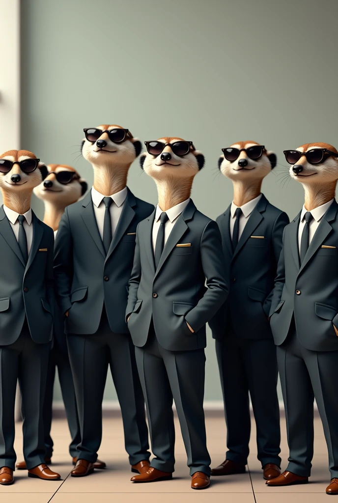 7 meerkats in suits and sunglasses