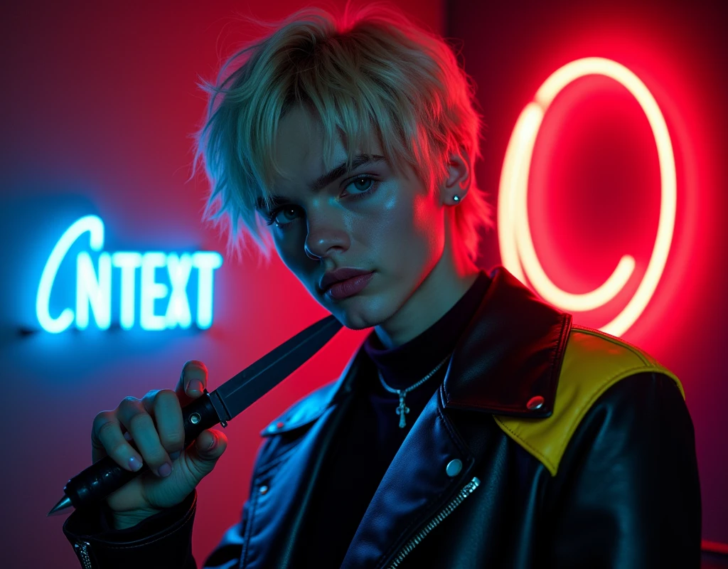 Hyper realistic, male fashion model,181cm tall, 22 years, pale skin, blue eyes, short hair, platinum blond hair, messy hair, side swept bangs, black leather jacket with yellow and blue accented shoulders, (holding a dagger up:1.2), dark lighting, in luxury strip club room, lopsided smile expression, neon red crescent moon that makes the "C" and blue neon sign in background that says "ONTEXT" next to the crescent
