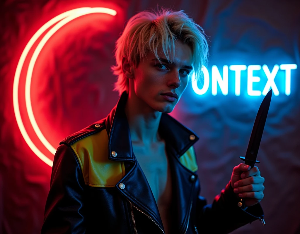 Hyper realistic, male fashion model,181cm tall, 22 years, pale skin, blue eyes, short hair, platinum blond hair, messy hair, side swept bangs, black leather jacket with yellow and blue accented shoulders, (holding a dagger up:1.2), dark lighting, in luxury strip club room, lopsided smile expression, neon red crescent moon that makes the "C" and blue neon sign in background that says "ONTEXT" next to the crescent