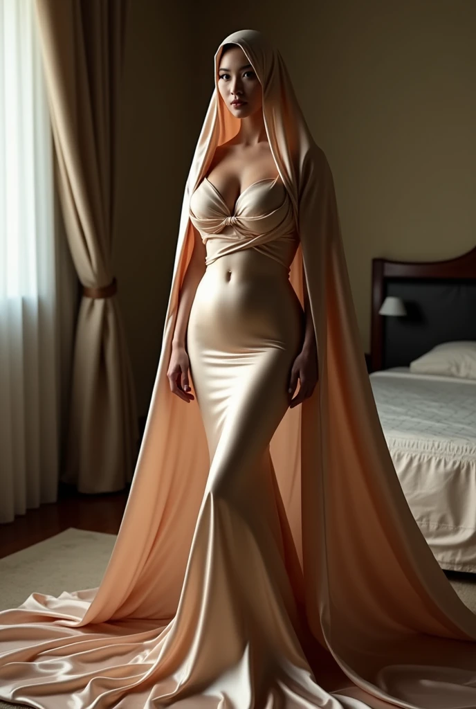 aphotography of a 20yo woman, perfect face, masterpiece, no bra, no underwear, perfect breast, nude, show perfect vagina, vagina pops up, both legs open wide, open two lets, show vagina,  tight full body tied, snipple on with nipple piercing, wearing translucent veils, faceless, face cover with satin veil, satin hijab, full body, long satin,mermaid tight long gown, flowy dramatic long gown, tall women, strugle to walk, masterpice 