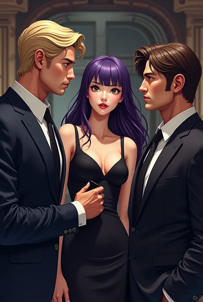 Handsome blond man, handsome western man with brown hair, japanese woman with long purple hair beautiful in black dress, gta style, 3 people, SOCIAL CLOTHES, beautiful, mobsters, Italian Mafia, business partners, no romantic interest, negotiators, canons