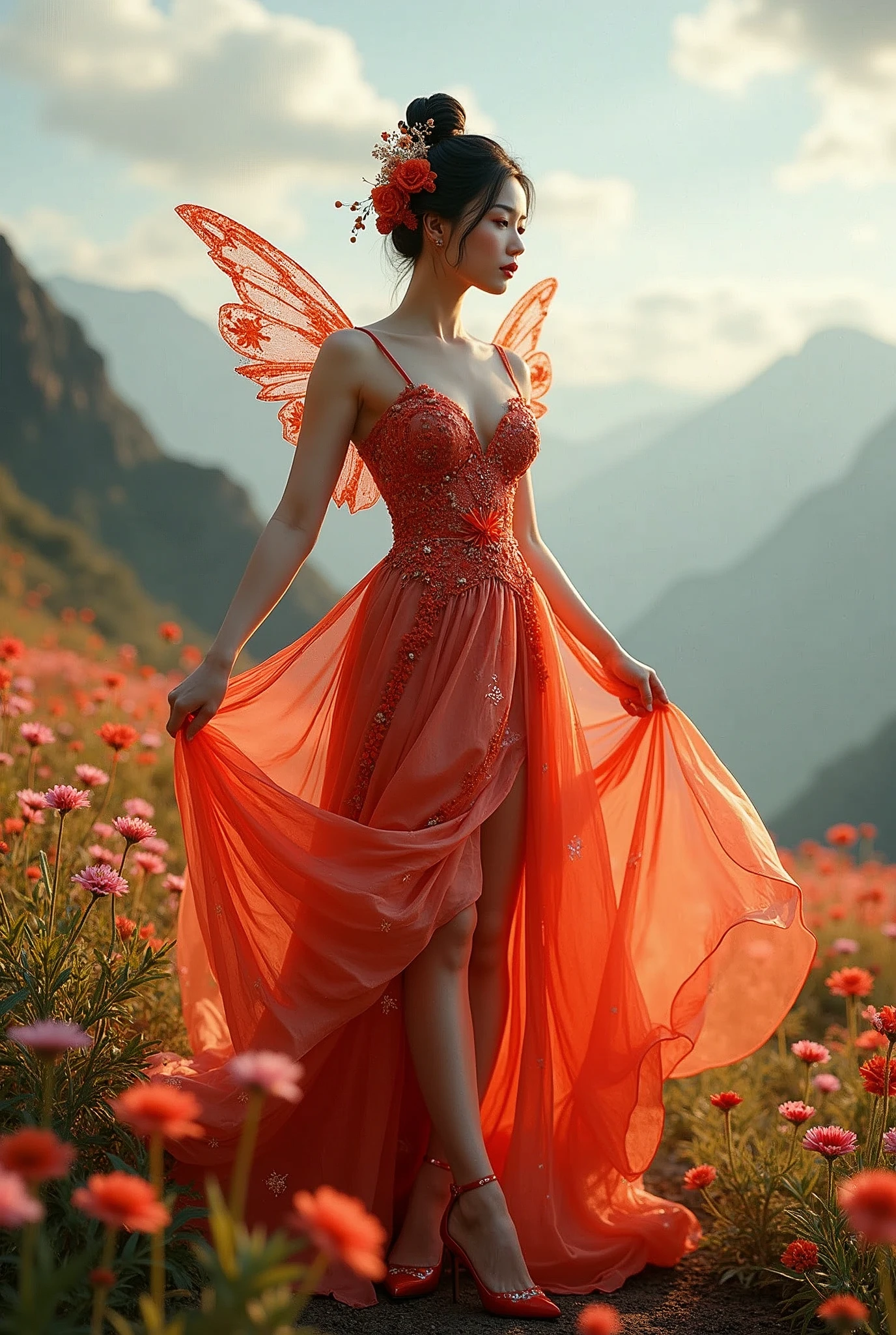 a Vietnamese woman with huge breasts, wearing a dress made of flowers, under her feet and behind her is a forest of blooming flowers, with all kinds of flowers in many colors,
on the distant mountains are mountains with white clouds swirling around, wearing a gorgeous dress, gorgeous dress, intricate dress, elegant fire dress, gorgeous and elegant, lavish dress, inspired by Hedi Xandt, gorgeous dress, intricate dress, gorgeous royal dress, gorgeous clothes, gorgeous dress, intricate and elegant, dress with intricate details, gorgeous, high heels, royal dress, detailed hands, Fire in the body, water on the dress, lightning element, fire element, lightning wings, full water, Transparent clothes, masterpiece, best quality: 1.2),, (8k, high resolution, RAW image, realistic, realistic photo: 1.3), (detailed skin texture, detailed fabric texture, detailed water, trees detailed mortar, detailed texture flowers, beautiful detailed faces: 1.25), professional lighting, photon mapping, beautiful soft light, radiosmoke, physically based rendering, ray tracing, model shooting style, model shooting style, (ultra detailed 8k unity CG wallpaper), the most beautiful full body artwork in the world,
