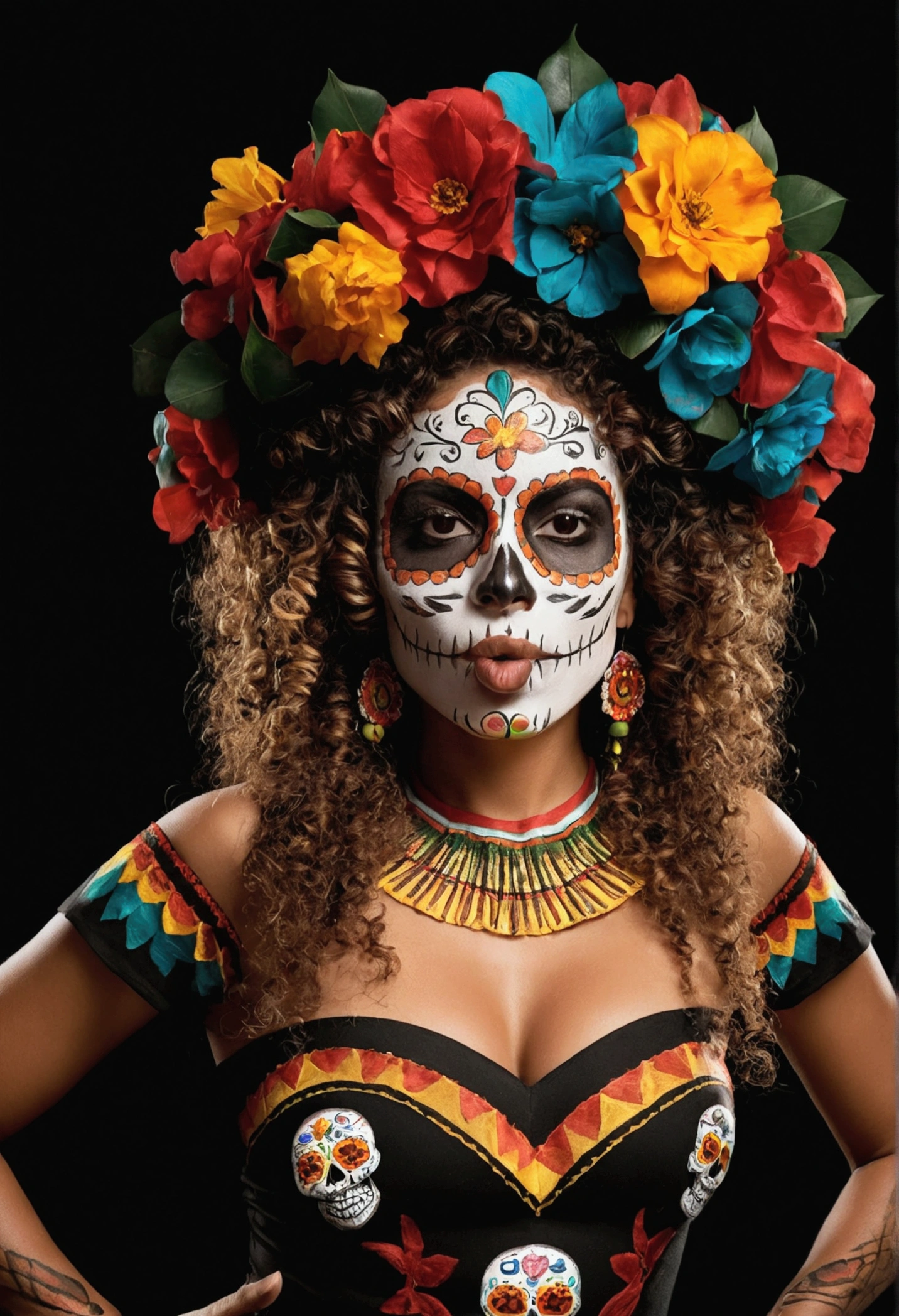 A brown Brazilian woman with curly hair on a black background, wearing a Mexican skull costume and his face painted as a Mexican skull, with a framing from her head to her thighs, showing her spitting fire from her mouth in a forward direction.