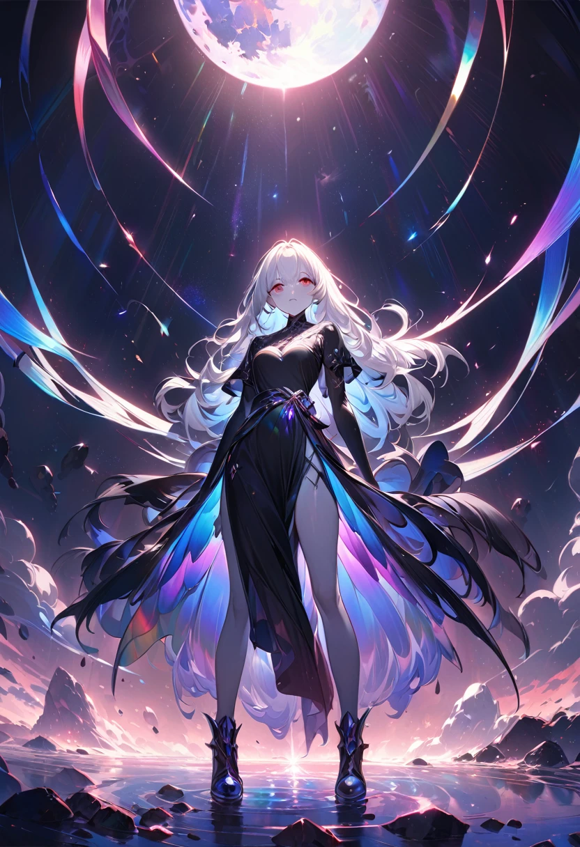 Girl with long white hair down to her waist, with small red details, red eyes, long black dress with a leg slit, with red details, long black boots up to below the knees, white skin, the ground around her is cracking and small stones are floating around her surrounded by a black aura, she is surrounded by shadows, and the background is dark like the night with the universe and stars, her presence causes fear, her shadow appears to be a monster, 8k, high quality, full body, (ultra-realistic), {extremely detailed 8k CG unit wallpaper}, expansive landscape photograph, (light: 2.0), (warm light source: 1.5), complex details, (iridescent colors: 1.5), (bright lighting), (atmospheric lighting), surreal, impressive, fantasy, (Solo: 1.2), White moon