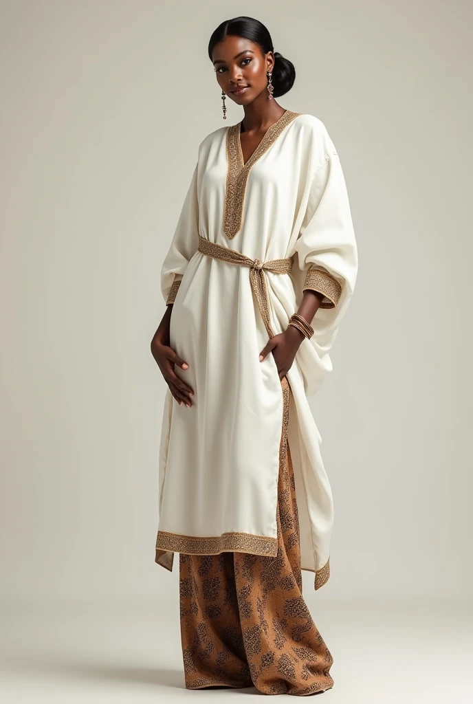 A beautiful woman in white naira kut kurti on brown print and brown pajama pant posing in front of camera realistic and master piece