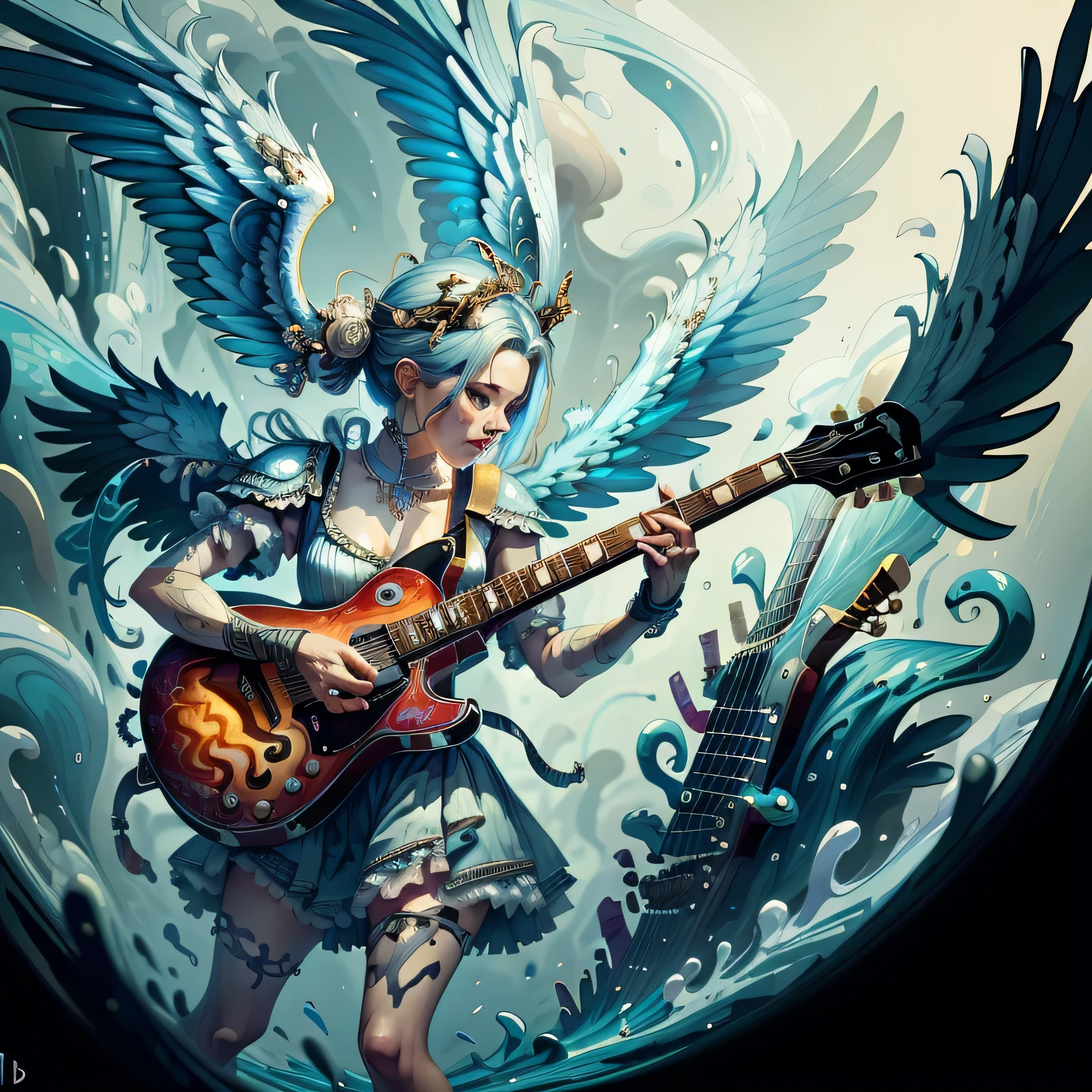 work of art, absurderes, extremely detaild, A woman with a guitar and wings in a smoky photo