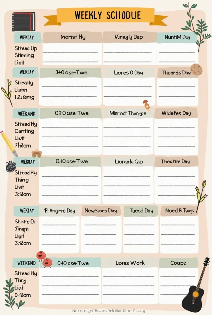 (tabular form) 
I want to create a timetable where: 
5:30am-6:00am (Be fresh and clean the bed area) 
6:10am-8:50 (Set the timer and revise all the school tasks)
9;10am - 9:45am (Puton the uniform Have your lunch) 
3:30pm - 5:35pm (Rest time) 
6:00pm - 8:00pm ( Revision what you have studied at school) 
9:30- 10;50 (Study) make it for a six days sunday monday tuesday wednesday thursday and friday 
For saturday 
7;00am - 9 am (Read the theories) 
10am - 1:00pm (Make notes clean all the stuffs)
1pm -4pm rest 
5:00pm -8pm (Read and write) 
9:00pm - 10:30pm (Do study) 
