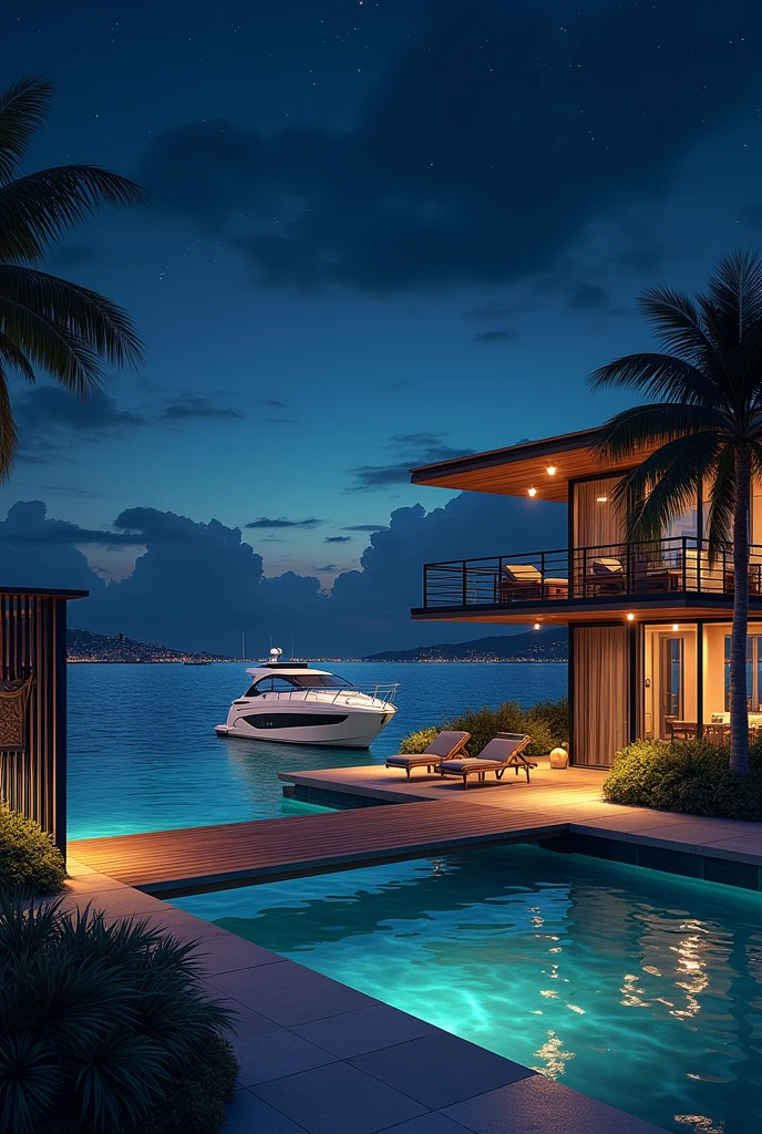 illustration of a modern nautical marina in são paulo, during at night, belonging to the company pirate waves and for private use by the ferri family. modern wrought iron gate with company emblem leads to wooden and steel pier, illuminated by modern lights. the modern sailing club and the modern maintenance shed. modern gardens with hammocks and sun loungers surround the area. the modern boathouse stores navigation and water sports equipment. o mar é cristalino during at night, with few waves and the family's modern white boat is on it and the starlight in the dark sky reflects on it