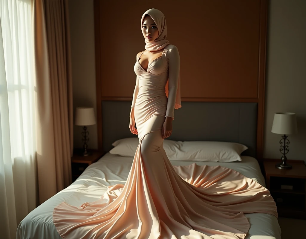 Asian woman wrapped in a satin cloth mimicking a mermaid gown with a striking large train, the cloth clings tightly to her figure, incorporates a hijab, standing with poise, see through whole body,half naked, nipple on, dramatic lighting, sexy pose in bed room, volumetric textures, ultra realistic, golden ratio.