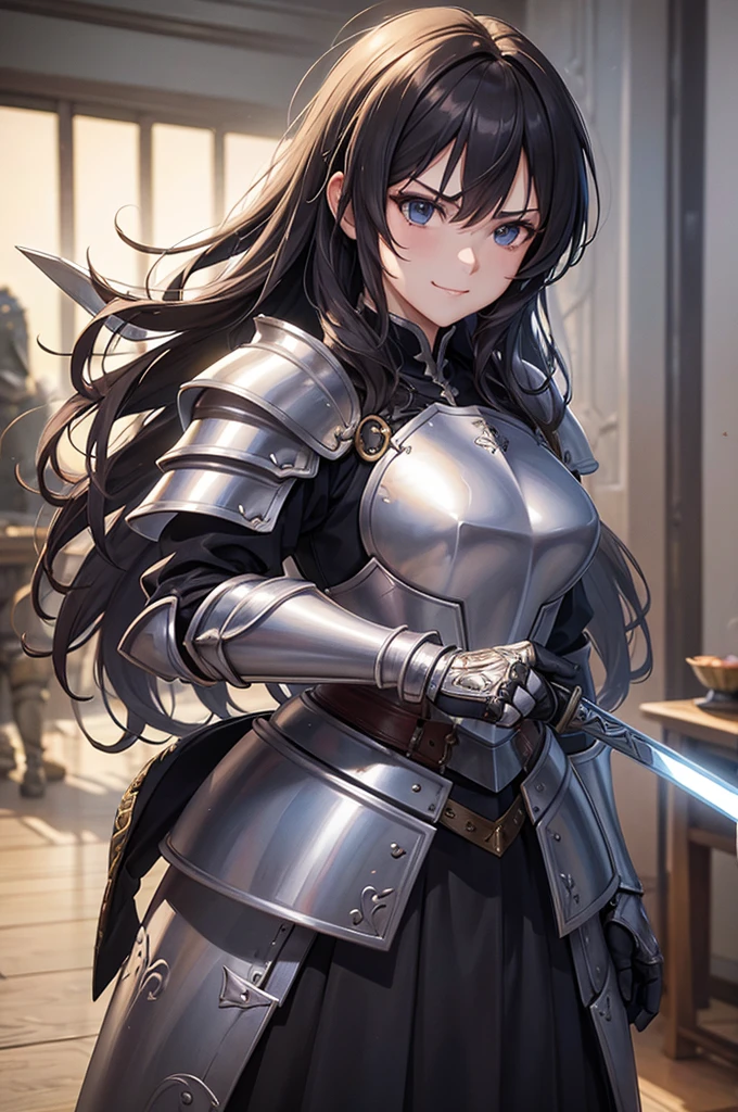 masterpiece,best quality,extremely detailed CG,ultra-detailed,1woman,fantasy,general,swordfighter,angry smile,plate armor,