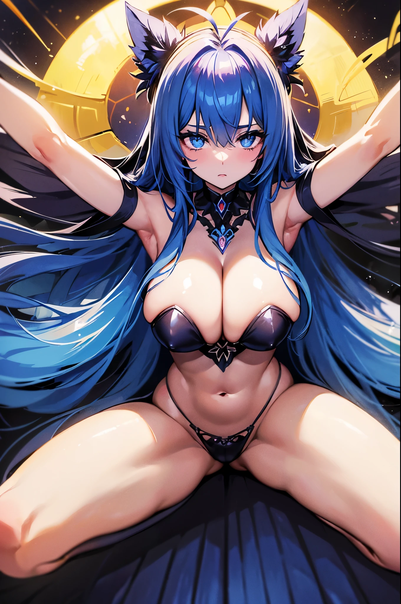 meilleur qualité, Jeune femme papillon, cheveux bleu nuit, une (gigantesque poitrine:1.4), antenne d'insecte sur la tête, ailes de papillon, tenue sexy, dans une nuit étoilée