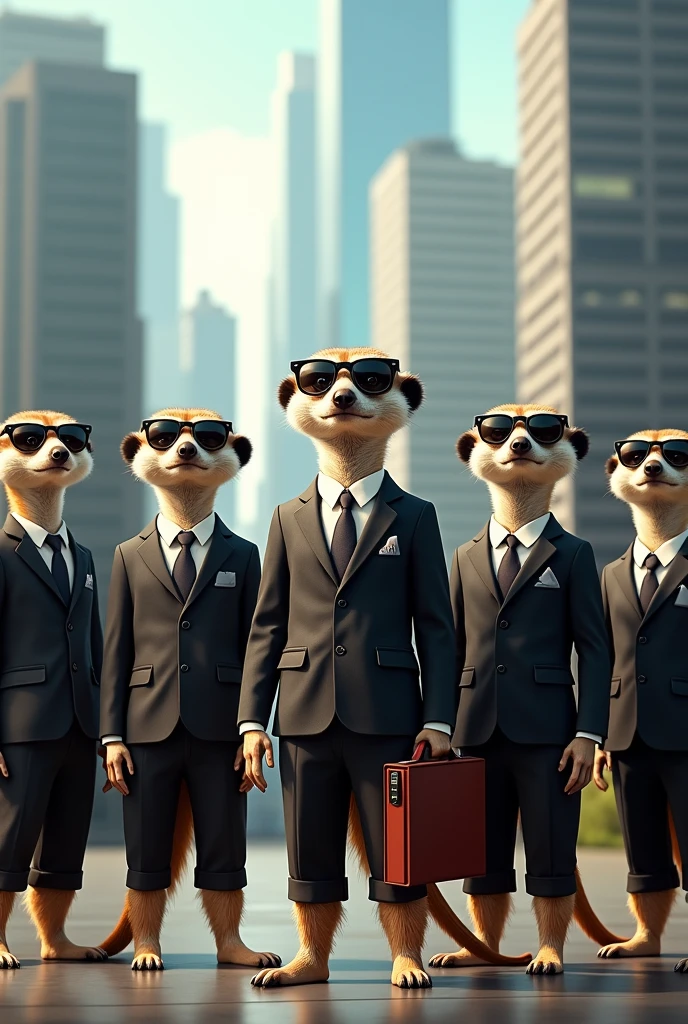 7 meerkats in suits and sunglasses
