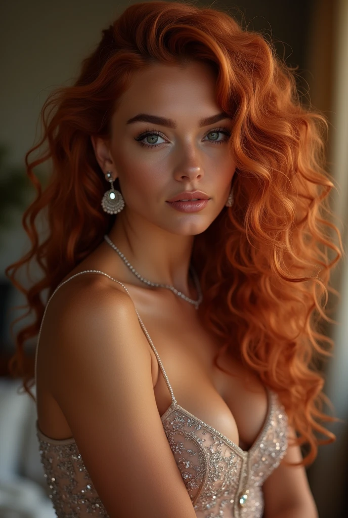 (Realistic photo of a beautiful woman, full body picture, 35 years old, grey eyes, full full lips, red hair, long curly hair, curls, tanned skin, jewellery, realistic, soft lighting, professional photography, photorealistic, detailed, RAW, sharp focus, ultra-high resolution, best quality, masterpiece, (best quality, high-resolution, ultra-detailed:1. 2), HDR, bright colours, curvy, sexy, earrings, evening gown, drink
