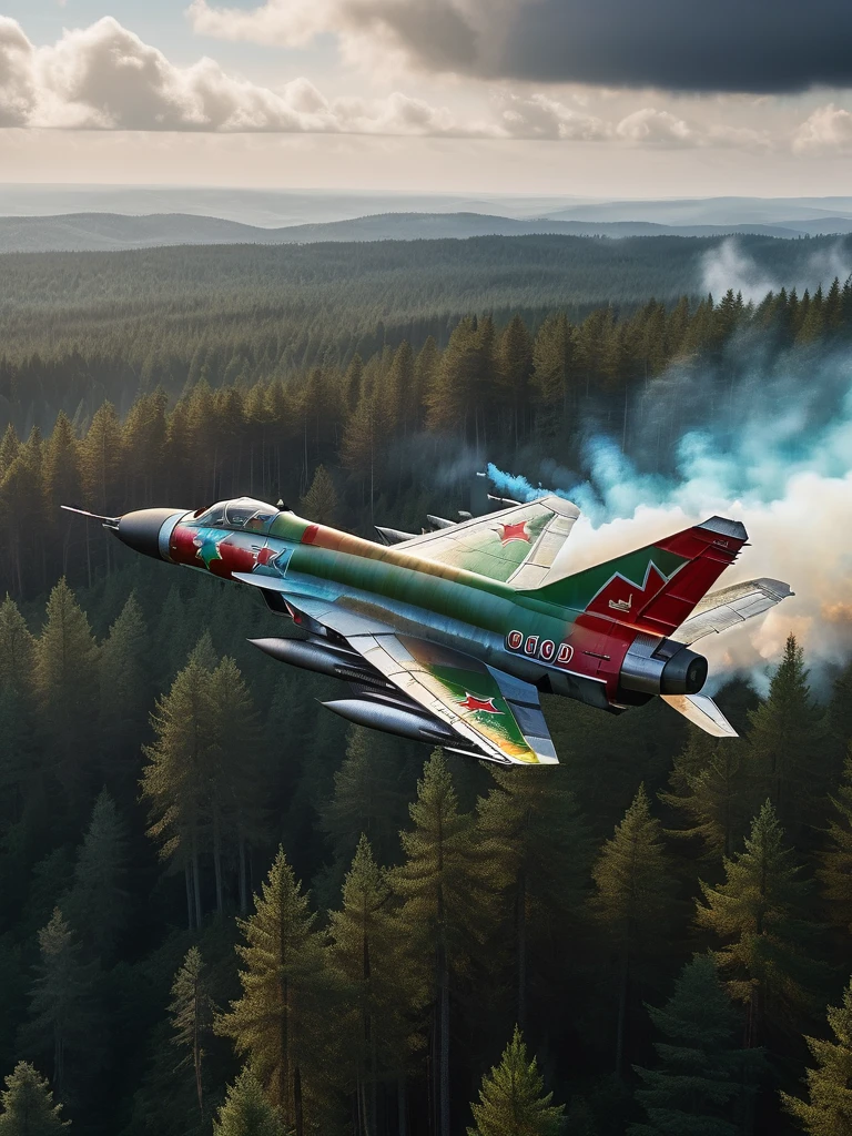 a mig-21 fighter jet, side view, flying high over lush pine forest, morning, burning tail, plane on fire, 1960s, hyperrealistic, photorealistic, 8k, ultra-detailed, cinematic lighting, dramatic, highly detailed aircraft, realistic smoke and flames, intricate details, vibrant colors, beautiful landscape, realistic textures, volumetric lighting