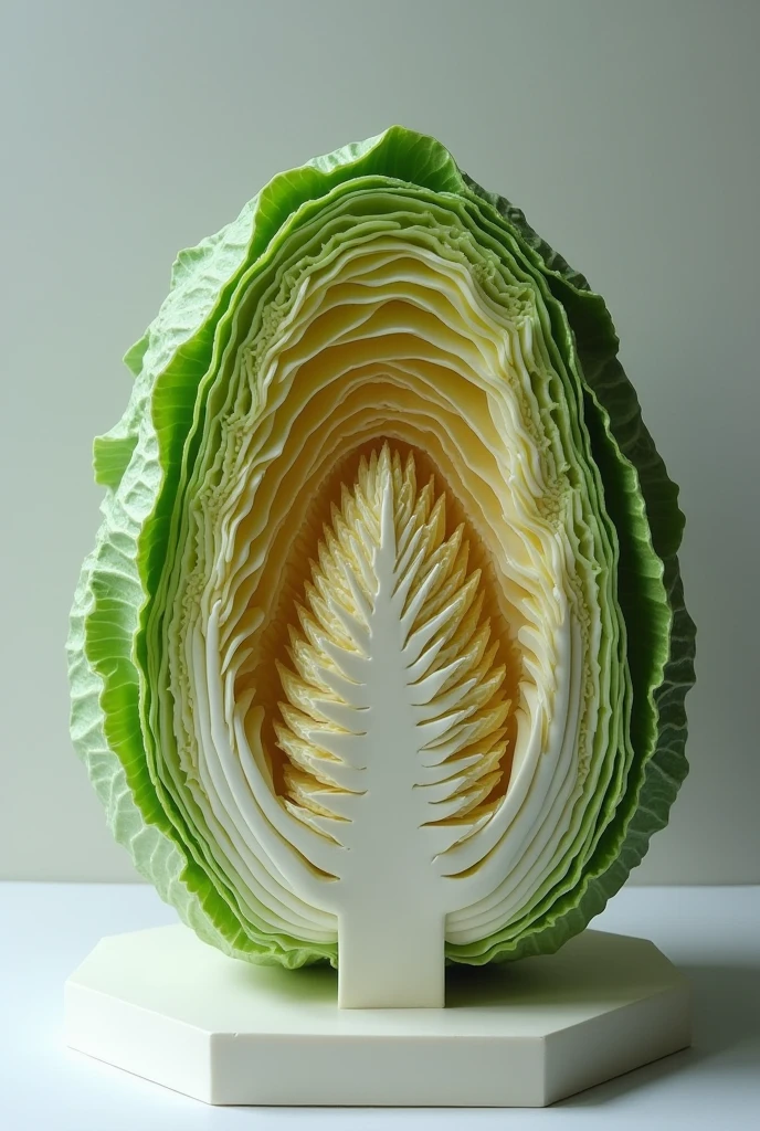 

"Generate an image of a model that showcases the structure of a cabbage. The model should emphasize the layered, supportive structure of the cabbage, similar to a 3D representation or diagram. Use materials like cornstarch or gelatin or fabric or wax or any physical material the cabbage's intricate inner layers and texture."
