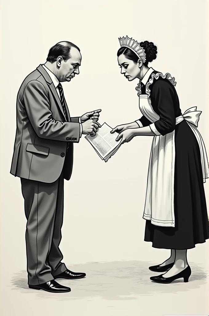 drawing of a boss pulling the paper from the maid's hand