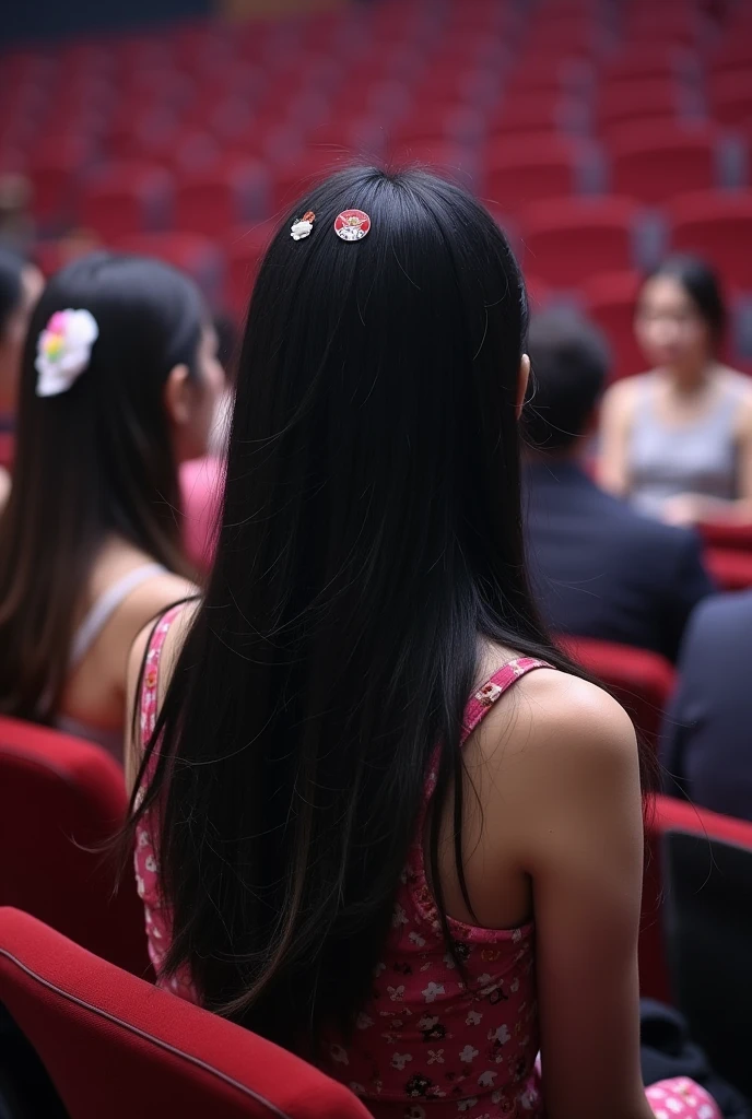 kpop female auditions in a hall. a girl with long black hair have sticker sticked on her top singing. judges sitting in front of her