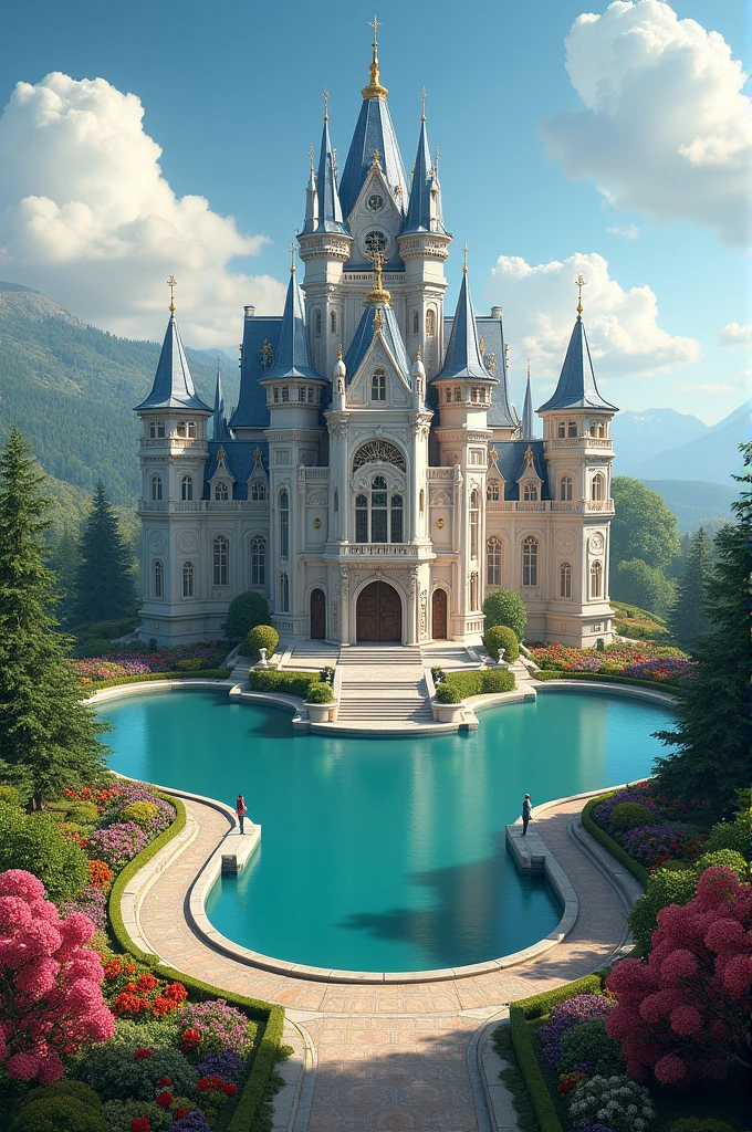 A giant and very chic castle,with flowers around,a garden with flowers and very big,a huge lake