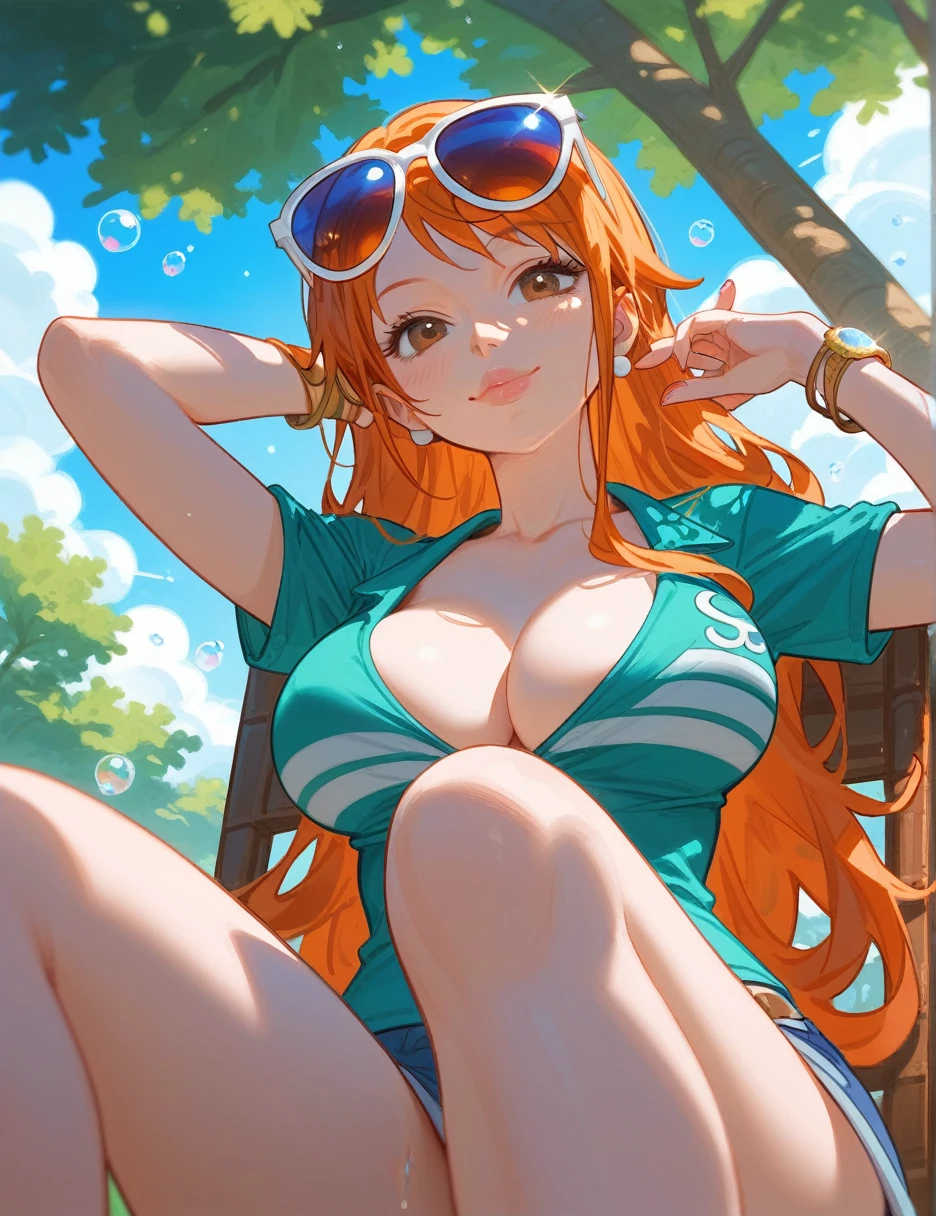 (from below:0.5), score_9_up,score_8_up, (nami),1girl, big lips, solo, brown eyes, orange hair, blush, nature, bubbles, closed mouth, smile, big breast, pose, ((sitting )), (thin girl:1.2),sunglasses, (((entertainment park))), ((juice))