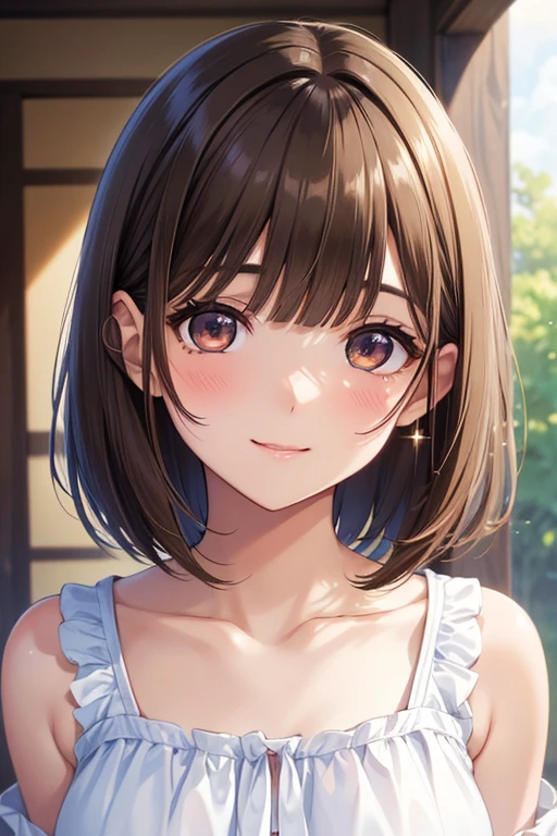 anegasaki nene、Shiny brown hair, short hair, (Beautiful brown eyes、Sparkling eyes, Fine grain)、smile、Ultra-detailed eyes、Highly detailed face, Highly detailed eyes,
(masterpiece, Highest quality, High resolution, 超High resolution, Pixel perfect, Depth of written boundary, 4K, RTTX 10.0, High resolution))),
(anime:1.2), (Highest quality:1.1), (masterpiece:1.1), (Absurd:1.0), Portraiture, close,
One girl, Bobcut, Brown Hair, Brown eyes, bangs, blunt bangs, Medium chest, blush, smile, Happy, cute, Adorable,