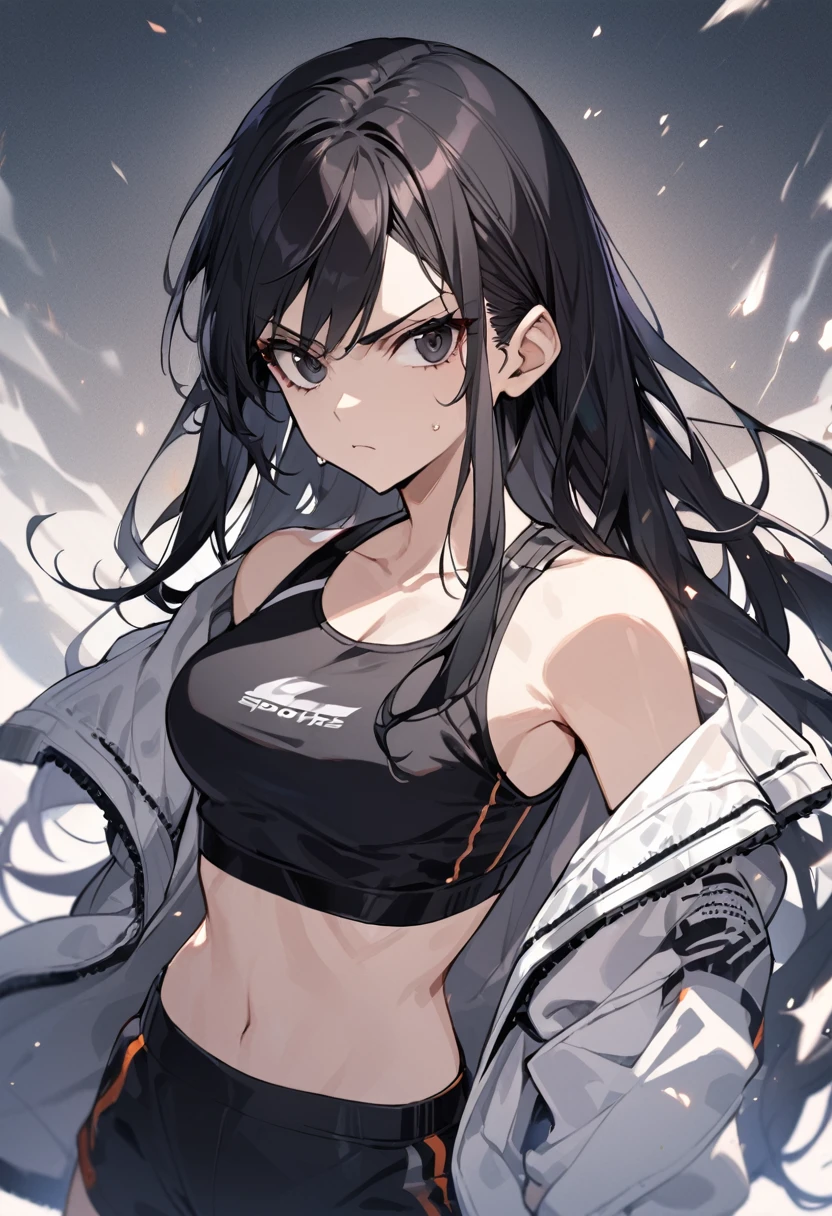 Long hair, black hair, black eyes, one girl, sports shorts, sports top, white jacket, black shorts, black top, medium , serious expression, midriff