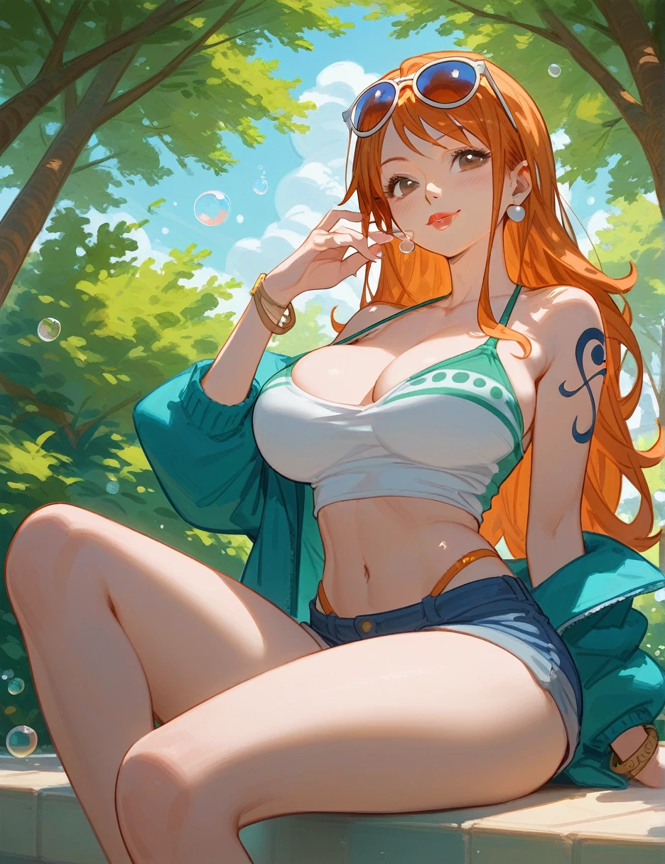 (from below:0.5), score_9_up,score_8_up, (nami),1girl, big lips, solo, brown eyes, orange hair, blush, nature, bubbles, closed mouth, smile, big breast, pose, ((sitting )), (thin girl:1.2),sunglasses, (((entertainment park))), ((juice))