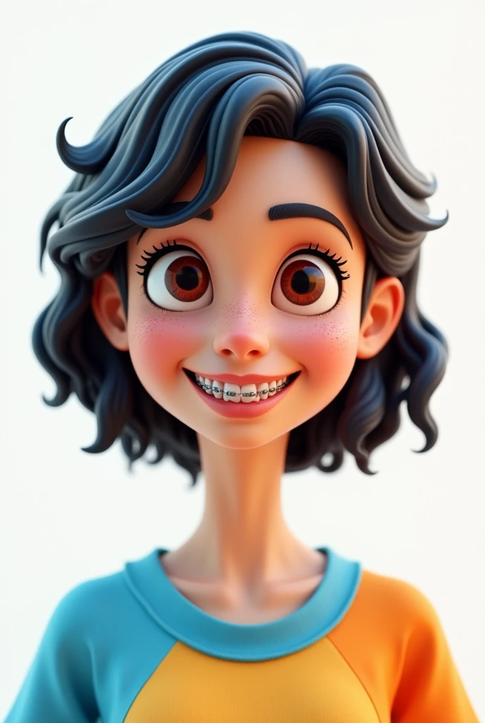 create a 3D front image/cartoon , of a 43 year old woman, black wavy bob hair, olhos amendoados, blue and orange t-shirt, dental braces, freckles on the face, white background