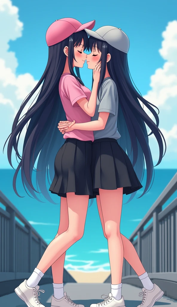 Two womens long black hairs, yuri,
(The first women wear a pink shirt, pink cap, black skirts, white socks, white sneakers)
(The second women wore a grey shirt, grey cap, black skirts, white socks, white sneakers)
closed eyes, sensual body, hugging and kissing on the bridge, blue sky, ocean, novel cartoon, 4K, HD