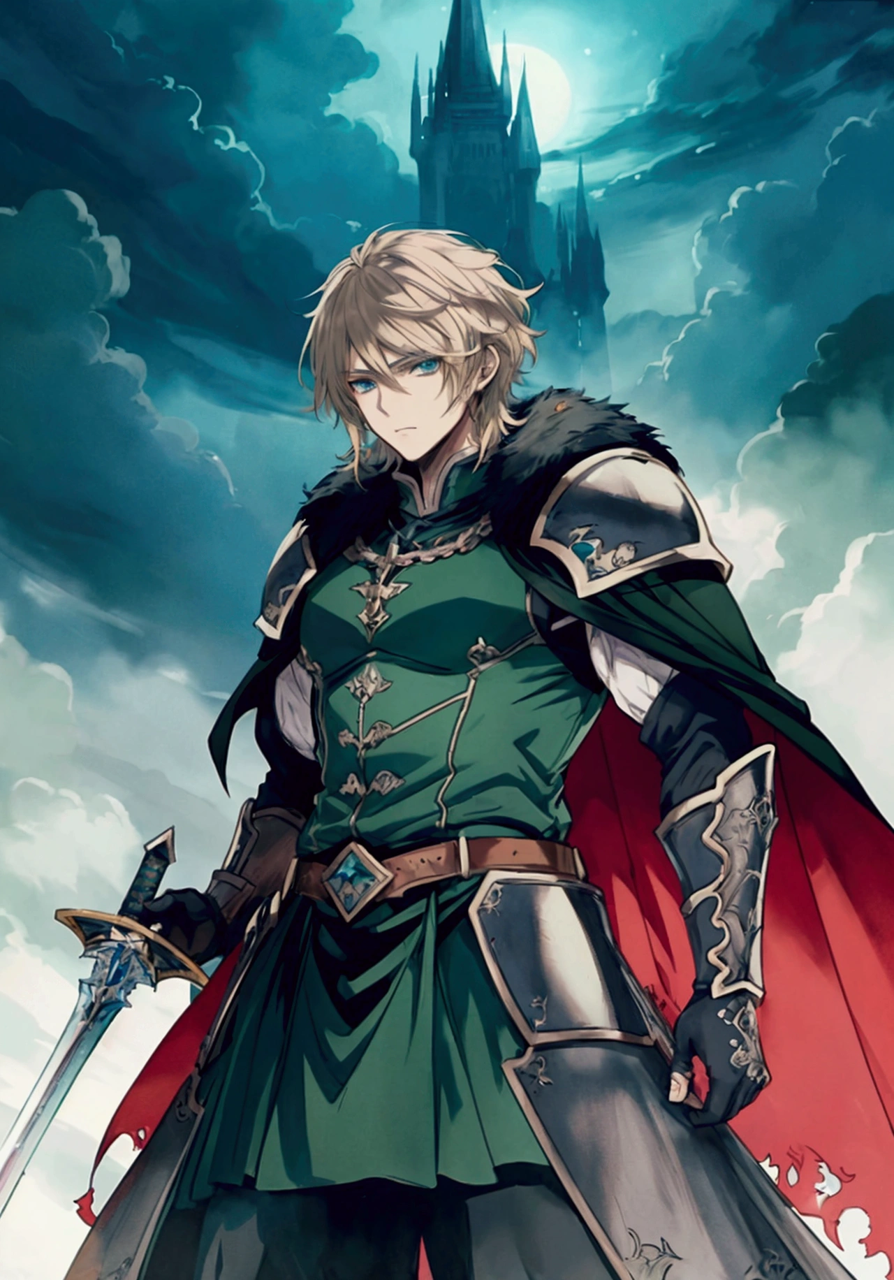 (Masterpiece), ((Highest Quality)),(Official Art),dark epic:1.2),(1 solo anime man: 1.3). A badass warrior king with short blonde hair, blue-green eyes, and imposing build. He wields a giant sword and regal heavy armor covered with a fur cape, standing on a battlefield in winter night. Detailed picture. Detailed eyes. Masculine jaw. Soft fairytale picture Arthur Rackham-style. Colorful, best detailed ((super detailed)), (highly detailed 2D anime man illustration), ((dark and beautiful))