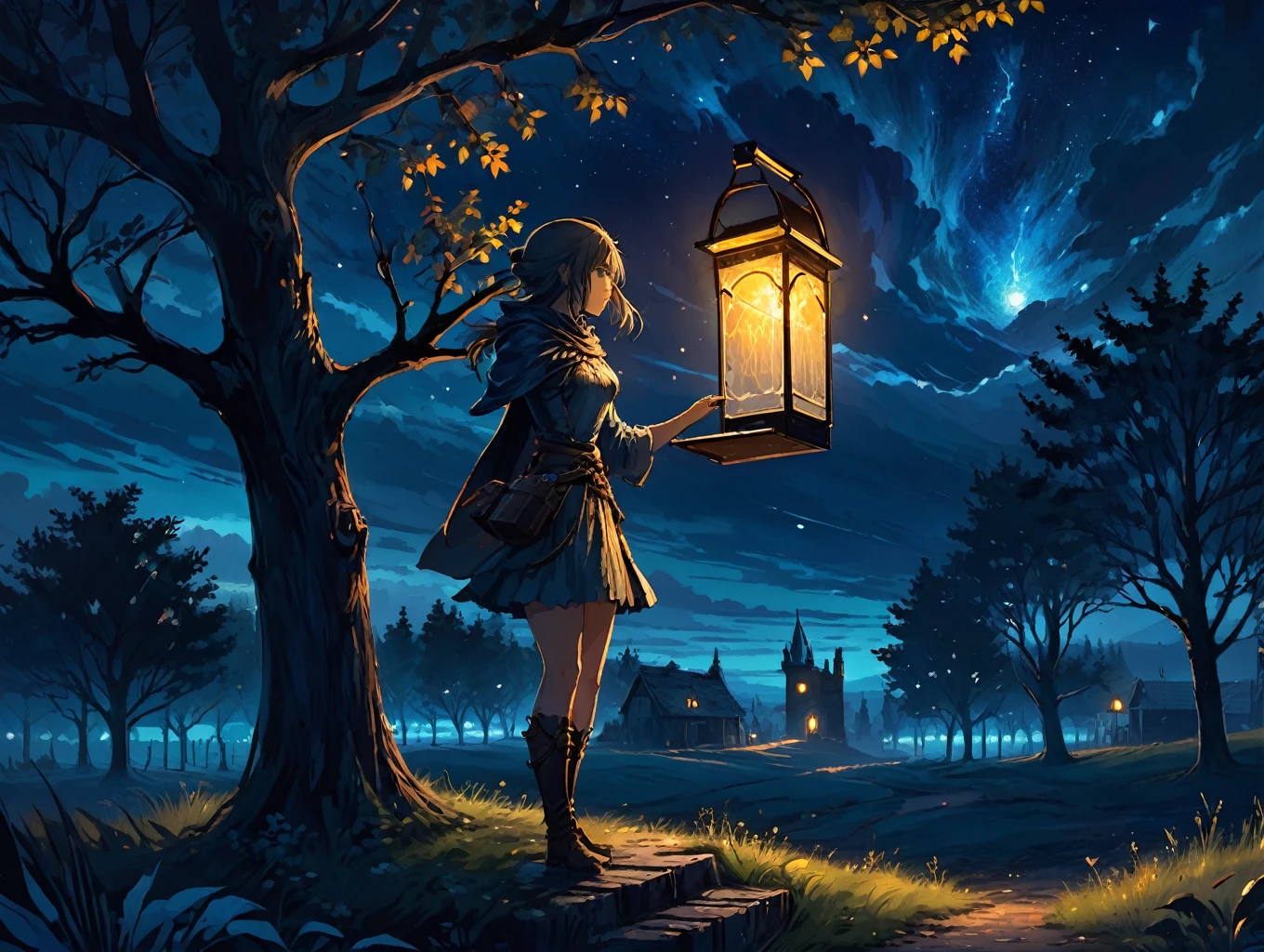 dark fantasy art, glowing aura, lighting the night sky, the Erdtree in the style of dark souls, tree, Scenario, 1 girl, sky, plein-air, mailbox, original, work of art, illustration, extremely thin and beautiful, perfect detailed, photorrealistic