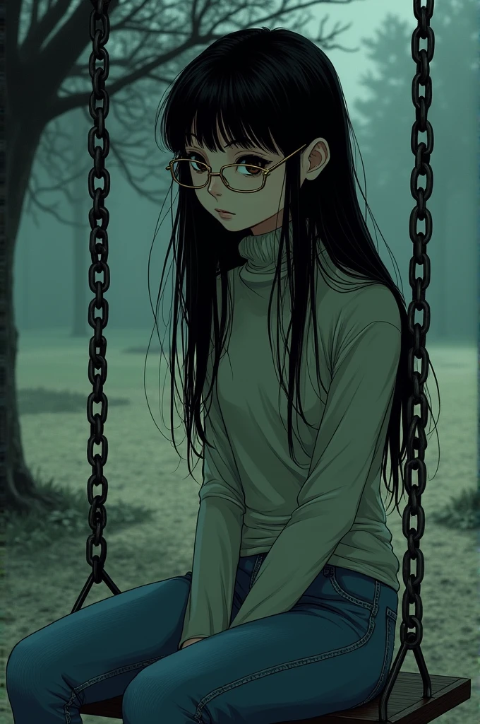 in the style of junji ito manga, girl with soft and beautiful features, small eyes, parts, with long hair (up to the knees), with divided bangs, with gold-colored glasses, wearing a turtleneck sweater, with a pair of jeans, sitting on a swing in a park , with a bored expression, Profile
