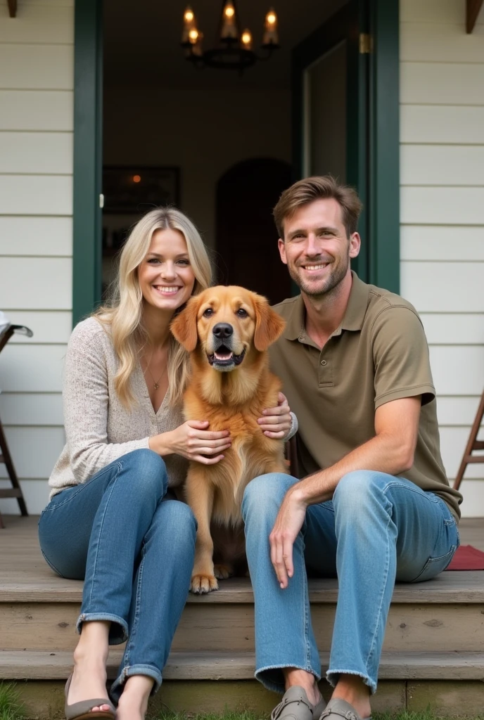 A couple sitting on balcony of house with golden retriever dog