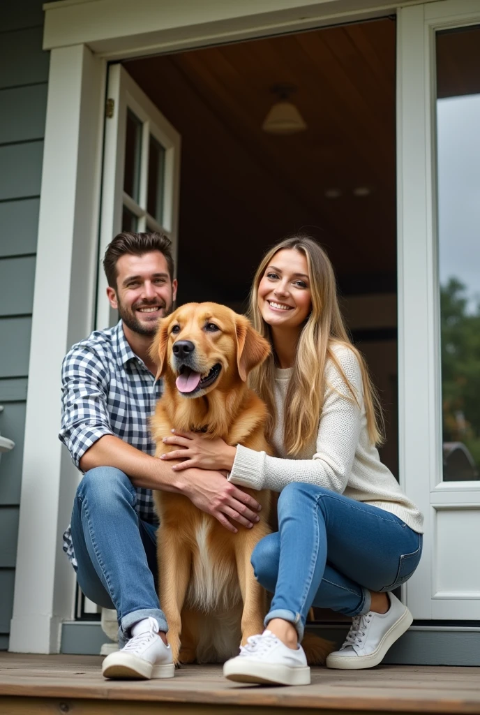 A couple sitting on balcony of house with golden retriever dog