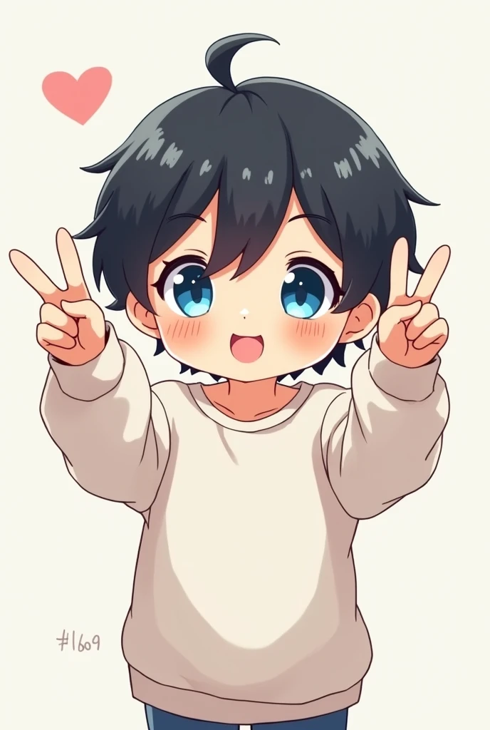 Black haired and blue eyed chibi anime boy wearing a white sweatshirt with his hands in a v shape
